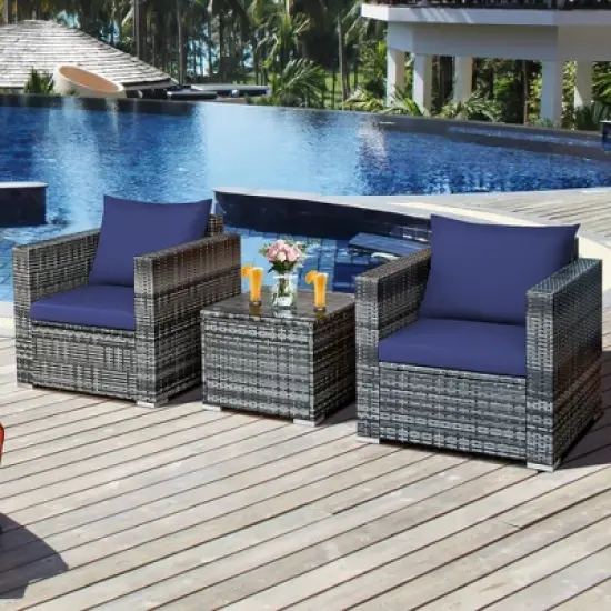 Costway 3 PC Patio Rattan Furniture Bistro Set Cushioned Sofa Chair Table White\Navy image {6}