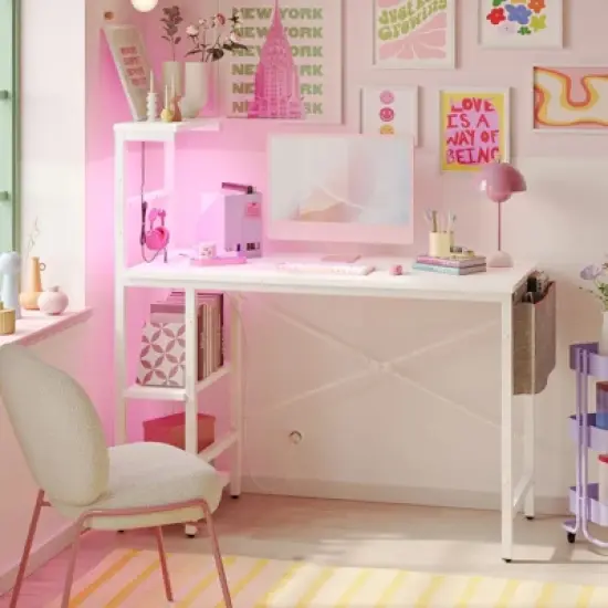 Bestier 44&rdquo; Gaming Desk with Power Outlets & USB Ports, LED PC Gamer Desk with 4-Tier Storage Shelves, Computer Office Desk for Small Spaces image {13}