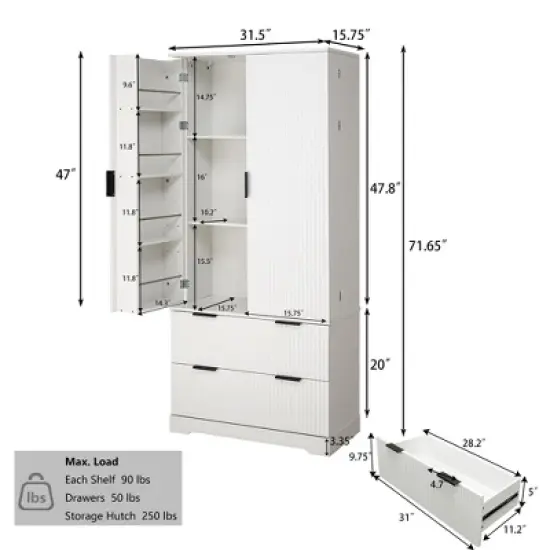 GDFStudio Lewis 71.65" Modern Fluted Kitchen Pantry Cabinet with 2 Large Drawers and 8-Door Spice Rack, White image {2}