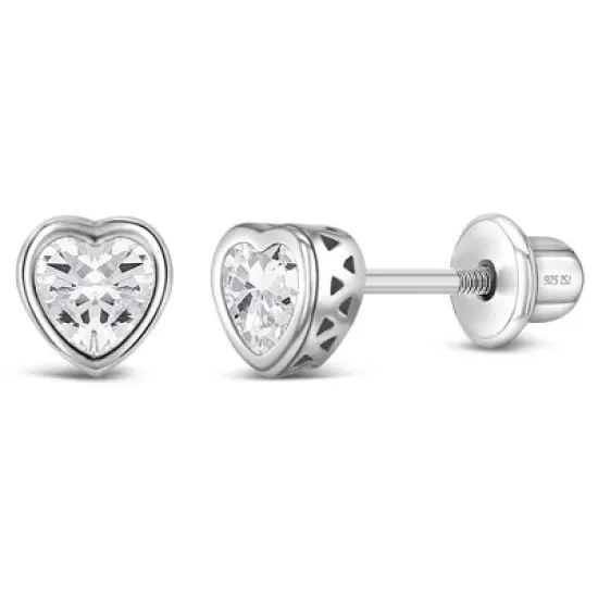Girl's CZ Birthstone Heart Screw Back Sterling Silver Earrings - In Season Jewelry image {16}