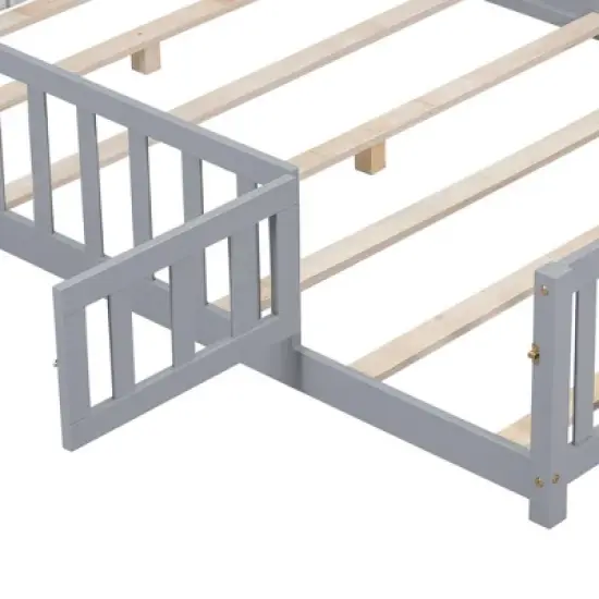 Toddler Floor Bed,Full Size Floor Bed with Safety Fence Guardrails and Slats, Wooden Floor Bed Frame with Door, No Box Spring Needed image {4}