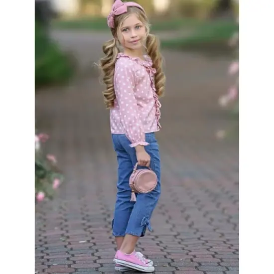 Girls Dot Dot Dot Bow Jeans Set - Mia Belle Girls image {4}