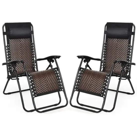 Costway 2PCS Patio Rattan Zero Gravity Lounge Chair Folding Recliner Headrest Mix Grey\Mix Brown image {1}