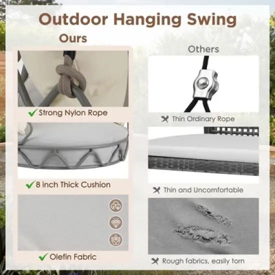 Outdoor Porch Swing Chair Hanging Basket, Patio Swing Chair with Cushion, Hanging Porch Swing for Backyard Garden Balcony, Hold Up to 300 LBS image {2}