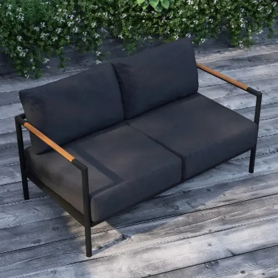 Merrick Lane Outdoor Loveseat with Removable Plush Fabric Cushions and Teak Accented Aluminum Frame image {5}