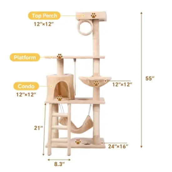 DSVIMOY 55In Cat Tree Tower for Indoor Cats,Multi-Level, Furniture Activity Center with Scratching Posts Stand, Cream White, 25.6"*15.8"*55.1" image {2}