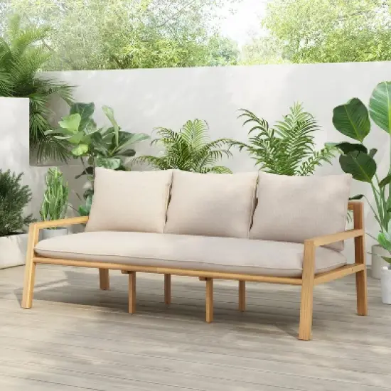 Christopher Knight Home Fabia 75" Rustic Patio Upholstered 3-Seater Loveseat with Rope Weave Open Back image {9}