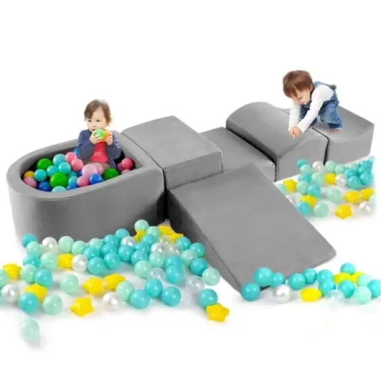 Costway 5PCS Climb and Crawl Playset with Ball Pit for Kids Zippers for Playroom Gray/Pink image {10}
