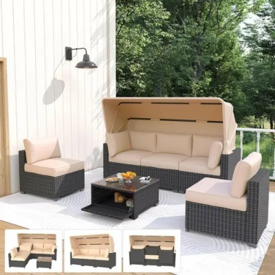 Whizmax 6 Pieces Outdoor Patio Sectional Sofa Couch, Brown PE Wicker Furniture Conversation Sets with Beige Cushions & Glass Coffee Table image {1}