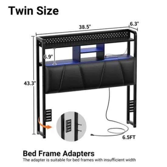 Aheaplus Upholstered Headboard with Storage Shelf, Charging Station and LED Light image {2}