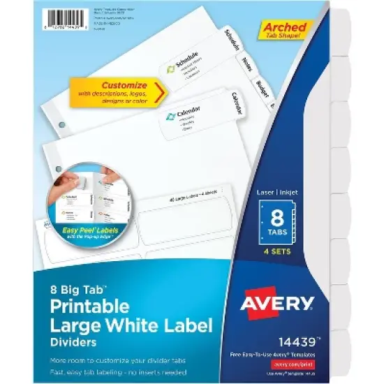 Avery Easy Peel Lrg Tab Dividers 8-Tab 4/PK White 14439 image {5}