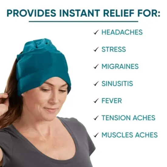 Headache, Migraine, & Stress Relief Hat - Natural Ice Mask for Tension & Muscle Pain - Stretchy, Comfortable, & Cool Wearable &ndash; Teal image {2}