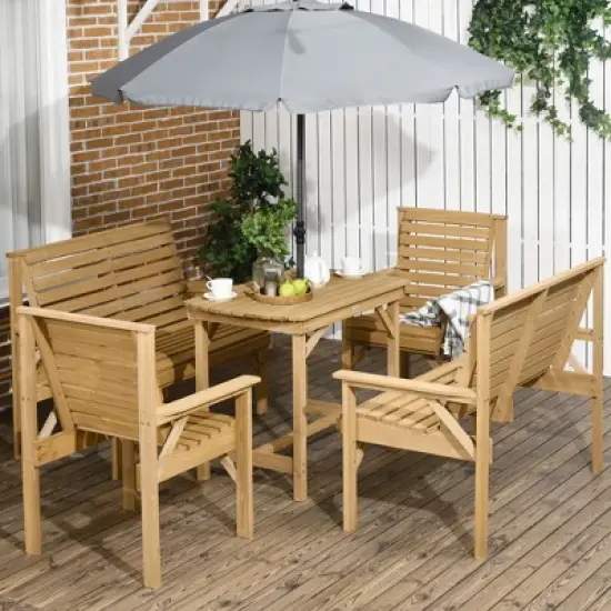 Outsunny 5 Piece Patio Furniture, 6 Seat Outdoor Dining Set, Natural Wood Dinner Table, 2 Chairs, Loveseats with Armrests & Umbrella Hole, Light Brown image {2}