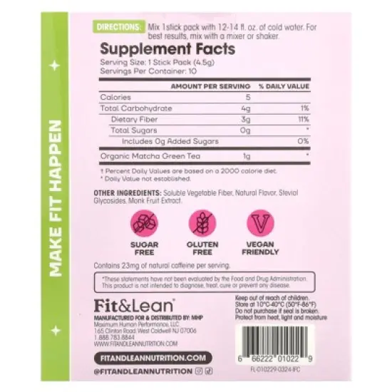 Fit & Lean Matcha Amore Iced Tea, Raspberry Tea, 10 Stick Packs, 0.16 oz (4.5 g) Each image {1}