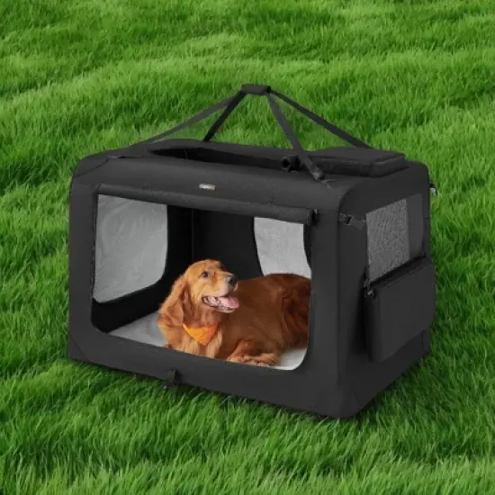 LEDREM 48-Inch Soft Dog Crate, Collapsible Portable for Indoor Outdoor Use - Secure Kennel with Zippers for Home, Car, Travel Camping, Black image {1}