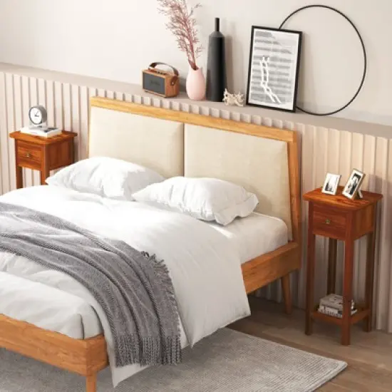 Costway Solid Wood Side Table with Acacia Wood Top Drawer & Open Shelf Small Nightstand image {4}