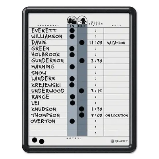 Quartet Employee In/Out Board, 11 x 14, Porcelain White/Gray Surface, Black Plastic Frame image {1}