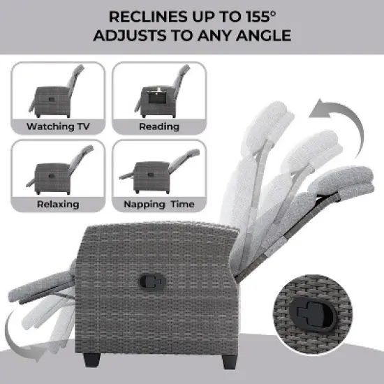 Nasitip Outdoor Recliner with Independently Adjustable Backrest and Footrest, PE Wicker Patio Reclining Lounge Chair with Flip-Up Table image {2}