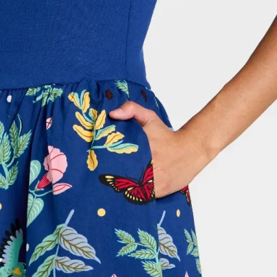 Latino Heritage Month Women's Ruffle Sleeve Midi A-Line Dress - Dark Blue Floral image {3}