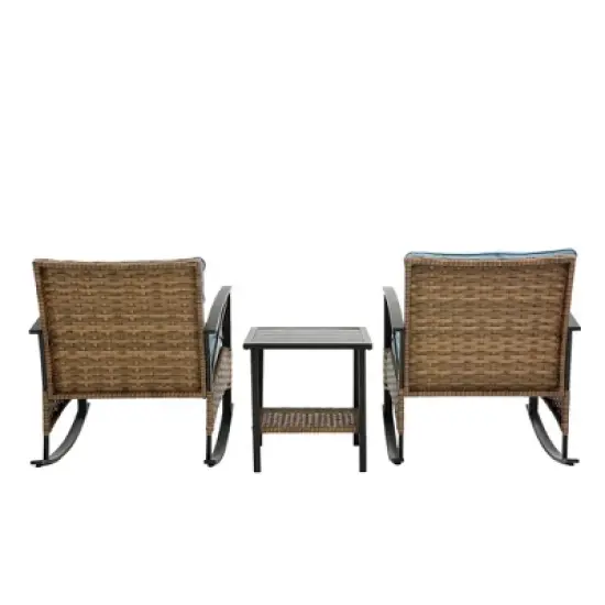 3pcs Outdoor Rattan Chat Furniture Set,  Patio Garden Seating Group Conversation Set with Rocking Chairs and Table -ModernLuxe image {4}