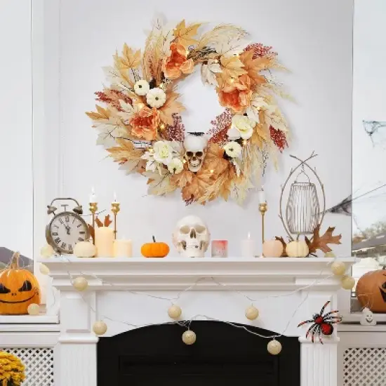 22 Inch Wreath with White Pumpkins Rose Maple Leaves for Indoor Outdoor Wall Window Front Door Porch Mantle Halloween Decoration image {6}