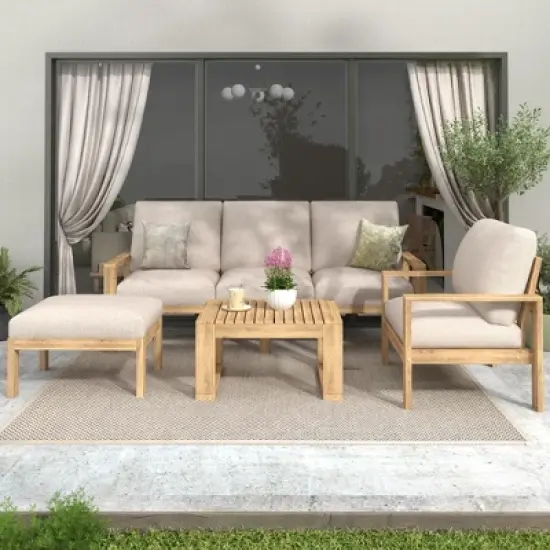 FIONECA 4-Piece Outdoor Acacia Wood Sectional Sofa Set with Cushions image {1}