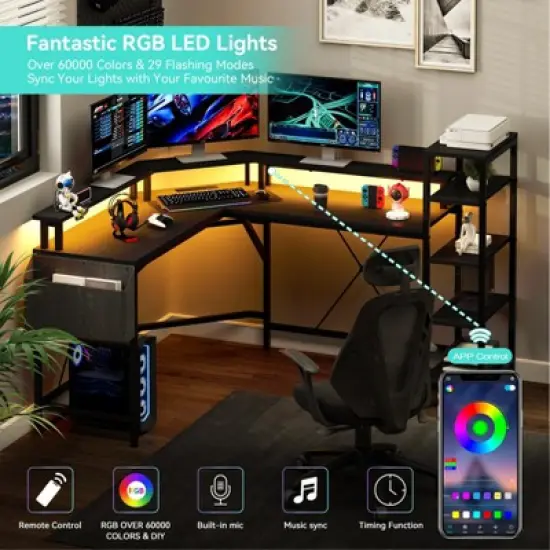 L Shaped Gaming Desk with Power Outlet & Led Lights, L-Shaped Corner Computer Desks Gaming Desk image {3}