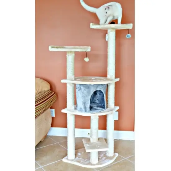 Armarkat 64" Real Wood Cat Tree With Scractch Sisal Post, Soft-side Playhouse,  A6401, Almond image {3}
