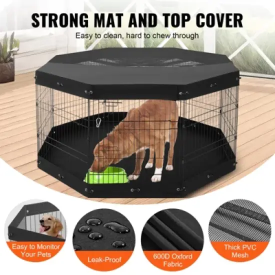 VEVOR Dog Playpen, 8 Pcs 30"H x 24"W Panels Foldable Metal Pet Exercise Pen, Dog Fence Indoor and Outdoor Pen with Door, Bottom Pad and Top Cover image {4}