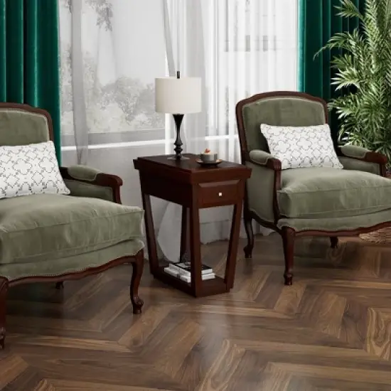 Tangkula 2 Tier End Side Table Nightstand with Drawer Shelf Rubber Wood Classic Espresso image {2}