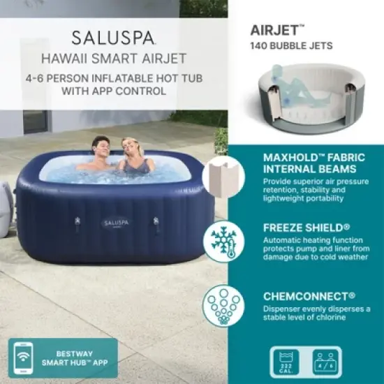 SaluSpa Hawaii Smart AirJet Inflatable Hot Tub Spa with App Control, 140 Jets, Heater, Filter, Portable Hot Tub for 4 Adults, Includes Cover & Pump image {2}