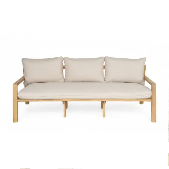 Christopher Knight Home Fabia 75" Rustic Patio Upholstered 3-Seater Loveseat with Rope Weave Open Back image {1}