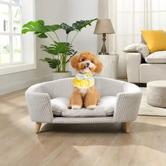 Gulches Beige Pet Bed - Elevated Corduroy Couch with Rubber Wood Legs for Small Dogs image {3}