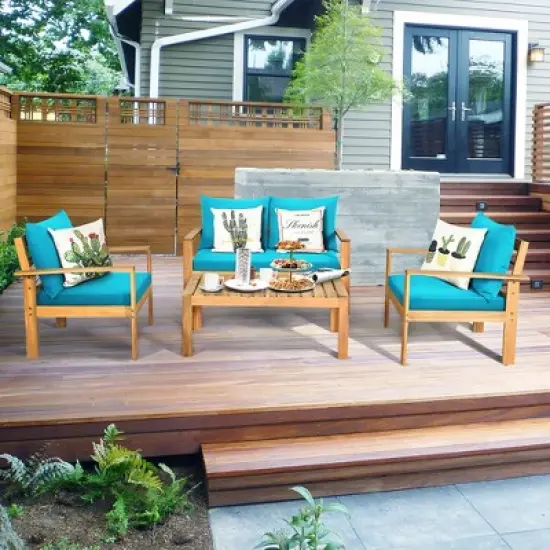 Costway 8PCS Patio Furniture Set Acacia Wood Thick Cushion Loveseat Sofa Off White\Turquoise\Grey image {1}