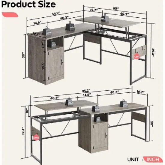 Bestier Versatile 60" L-Shaped Standing Desk, Height Adjustable (30-39"H) Sit to Stand Home Office Desk with Storage Cabinet & Hooks image {4}