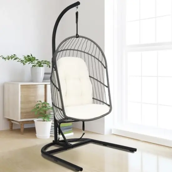 Costway Hanging Wicker Egg Chair w/ Stand Cushion Foldable Outdoor Indoor image {11}