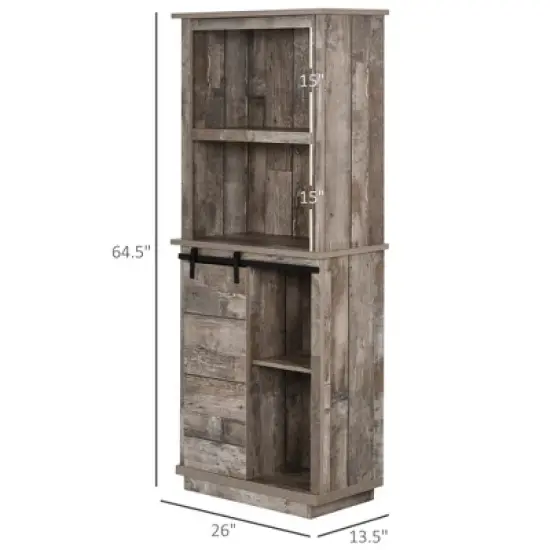 Gulches Rustic Freestanding Kitchen Buffet with Hutch - Pantry Cabinet, Sliding Barn Door, Adjustable Shelf, Vintage Wood, 26"W x13.5"D x64.5"H image {2}