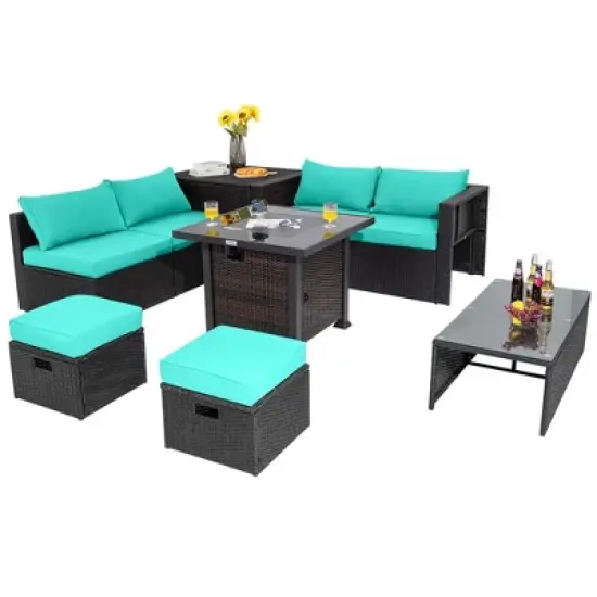 Tangkula 9PCS Furniture Set w/ 32" Fire Pit Table 50,000 BTU Square Propane Fire Pit Patio Turquoise image {7}