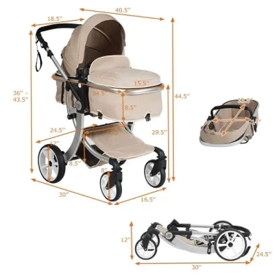 Infans Aluminum Infant Reversible Outdoor Foldable Stroller W/Diaper Bag Beige image {6}