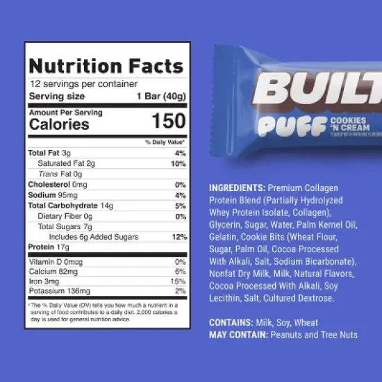 Built Bar BUILT Protein Bars - Cookies 'N Cream Puff - 17g Protein - 12ct image {2}