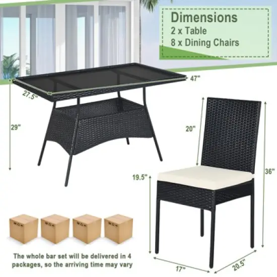 Tangkula 10PCS Rattan Dining Set Cushioned Chair Table w/ Glass Top Furniture Patio image {5}