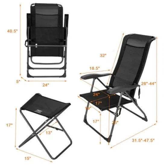 Costway 4PCS Patio Folding Dining Chair Ottoman Set Adjustable Back Camp Gray\Black image {1}