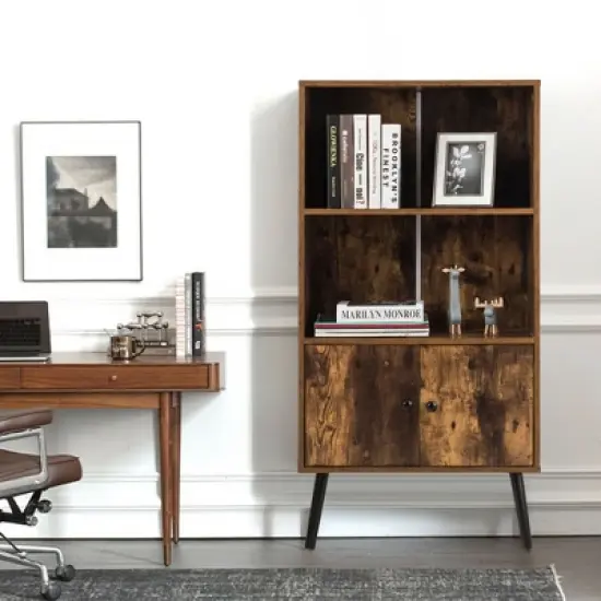 Costway 2-Tier Retro Bookcase Bookshelf w/3 Compartment&2 Doors Industrial Cabinet image {2}