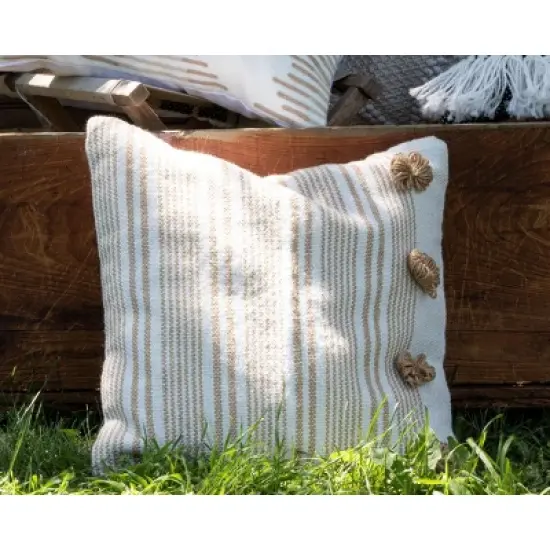 Brown Striped Hand Woven 18x18" Outdoor Decorative Throw Pillow with Pulled Yarn Bouquets - Foreside Home & Garden image {4}