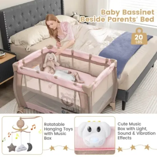 Infans Portable Baby Playard Nursery Center Crib Bassinet w/ Hanging Toys & Music Box image {4}