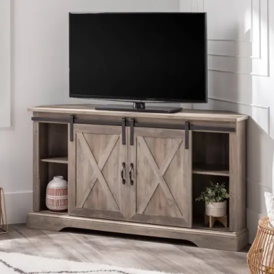 Robinson Rustic Transitional Sliding Barn Door Corner TV Stand for TVs up to 58" - Saracina Home image {1}