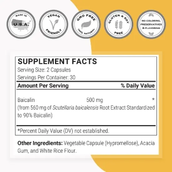SuperSmart 90% Baicalin 500mg per Day - Skullcap Extract Supplement | Non-GMO & Gluten Free - 60 Vegetarian Capsules image {3}