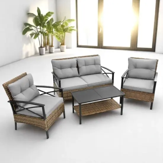 4-Piece Patio Sectional Low Dining Sofa Set with Steel Table, Blue Cushions, and Detachable Covers &acirc;&acirc;&sbquo;?Comfortable Outdoor Conversation Set image {1}