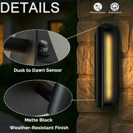 ALOADECOR H19" Oval Matte Black Integrated LED Wall Sconce with Acrylic Shade Modern Dusk to Dawn Waterproof Outdoor Wall Light for Patio image {9}
