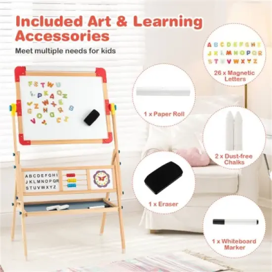 KTMBDW Kids Wooden Easel with Paper Roll - Adjustable Double Sided Drawing Board Whiteboard & Chalkboard Dry Easel Board, for 3~12 Years Kids image {2}
